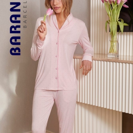 Pijama abotonado manga larga mujer CRYSTAL Barandi rosa suave — vista frontal
