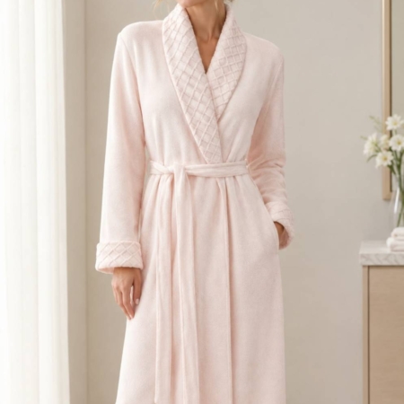 Mujer posando con bata de invierno JAYCRIS de punto larga cruzada modelo CORINA en color rosa claro